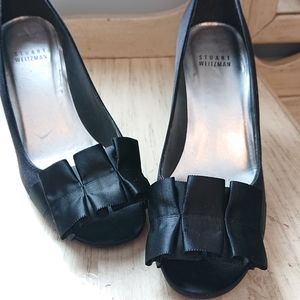 Stuart Weitzman black Satin Peep-toe Kitten Pumps